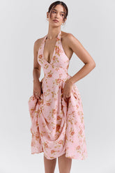 English Vintage Rose Print Georgette Halter Sundress