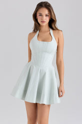 Pistachio Stretch Cotton Halter Neck Mini Dress