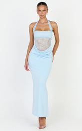 Sienne Maxi Dress - Lace Bodice Draped Cowl Waist Dress in Light Blue