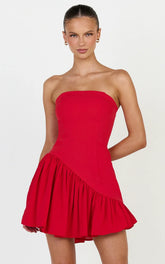 Calla Mini Dress - Strapless Gathered Asymmetric Dropped Waist Dress in Red
