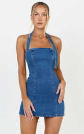 Peggy Mini Dress - Denim Buckle Halter Neck Fitted Dress in Dark Blue Wash