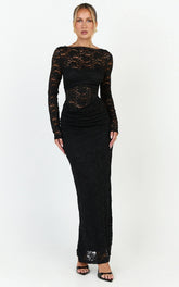 Skye Maxi Dress - Lace Long Sleeve Draped Waist Dress in Black