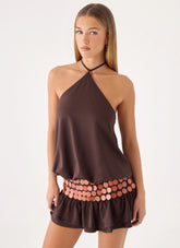 Melosa Beaded Halter Mini Dress - Chocolate