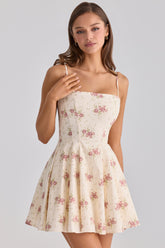 Ivory Vintage Rose Print Cotton Flared Mini Sundress