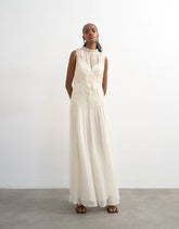 Topshop chiffon sleeveless maxi dress with ruched artwork in ecru