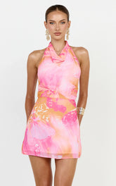 Elouise Mini Dress - Halter Cowl Neck Dress in Hot House Orchid Print