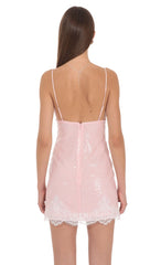 Lace Sequin Plunge Mini Dress in Pink