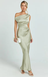 Laurie Maxi Dress - One Shoulder Ruched Dress in Light Olive