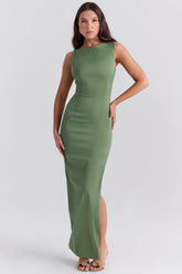 Olive Boat Neck Maxi Dress