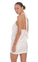 Satin Halter Blouson Mini Dress in White