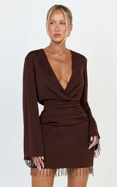 Azura Mini Dress - Long Sleeve Beaded Trim Plunge Neck Dress in Chocolate