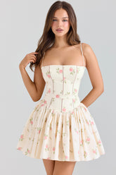 Cream Rose Print Stretch Cotton Mini Sundress