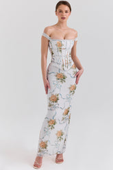 Soft Blue Vintage Print Corset Maxi Dress