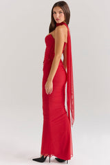 Holly Red Mesh Maxi Skirt With Fluted Hem