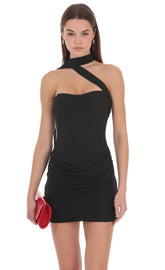 One Shoulder Corset Ruched Mini Dress in Black