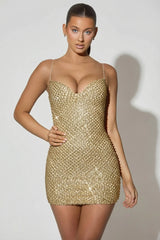 Embellished Sweetheart-Neck Mini Dress in Gold