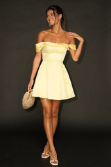 Rhylee Light Yellow Satin Lace-Up Off-the-Shoulder Mini Dress