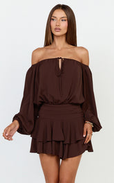 Sailor Mini Dress - Off Shoulder Ruffle Skirt Dress in Chocolate