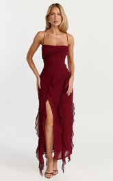 Connie Midi Dress - Ruffle Detail Dress in Wine