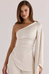 Oyster Satin One Sleeve Asymmetric Draped Top