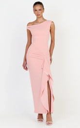 Alba Maxi Dress - Off Shoulder Waterfall Sash Dress in Pink