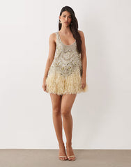 embellished scoop neck mini dress with faux feather hem in pale yellow