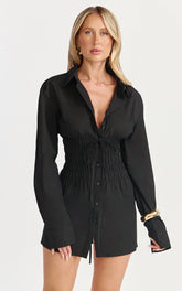 Eugenia Mini Dress - Long Sleeve Smocked Shirt Mini Dress in Black