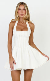 Hayes Mini Dress - Halter Neck Corset Bodice Dress in Cream Contrast Stitch