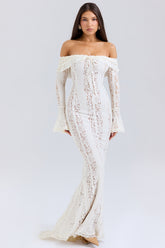 Vintage Cream Floral Lace Off Shoulder Maxi Dress