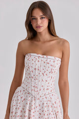 White Rose Print Strapless Cotton Maxi Dress