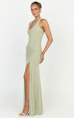 Kori Maxi Dress - Ruched Halterneck Mesh Dress With Racer Back in Sage