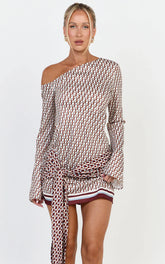 Noelle Mini Dress - Geo Print Off Shoulder Tie Front Dress in Geo Border Print