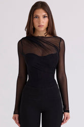 Black Draped Mesh Bodysuit