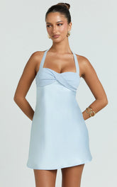 Flynn Mini Dress - Satin Halter Sweetheart Neck Dress in Blue