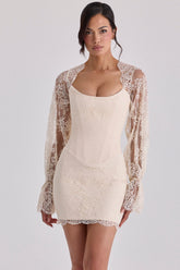 Vintage Ivory Lace Long Sleeve Mini Corset Dress