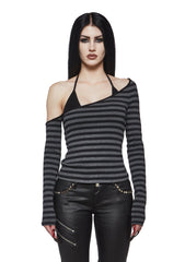 Grunge Off The Shoulder Stripe Top With Halter Bra