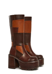 Winding Roads Knee High Patchwork Boots - Brown