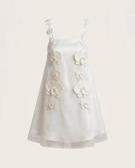 Orchid-Embellished Spaghetti Strap Mini Dress - White