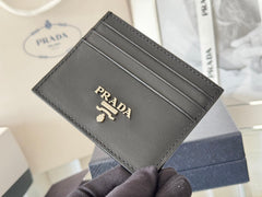 Pra Metal Logo-Stamp Card Holder Black Saffiano Leather