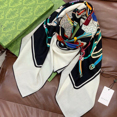 GG Double-sided Scarf White Black 135CM Cashmere Silk 143720
