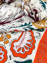 Guepards Bandana Double Face Scarf 140 CM In White Mix Red Colorful Cashmere And Silk 334190