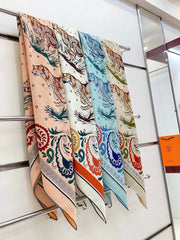 Guepards Bandana Double Face Scarf 140 CM In White Mix Beige Colorful Cashmere And Silk 334192