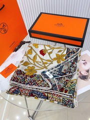 Le Jaguar Et Le Colibri Shawl 135 CM Yellow Colorful Cashmere And Silk 357903