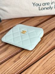 CC Zip Card Holder Wallet Light Blue Gold Metal Caviar 240605