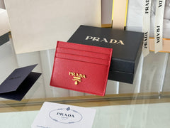 Pra Gold Logo-Stamp Card Holder Red Saffiano Leather