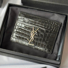 YSL Card Holder 10cm Wallet Black Silver Crocodile Leather 240554
