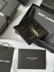 YSL Card Holder 10cm Wallet Black Silver Crocodile Leather 240554