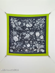 GG All-over Floral Scarf 90x90 Black Green Twill Silk 212066