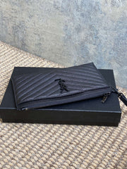 YSL Black Hardware Logo Zipper Clutch 23cm Black Caviar Cowhide