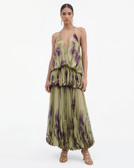 Floral Print Plunge-Neck Tiered Bubble-Hem Maxi Dress - Olive Green